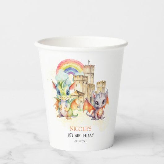 Fantasy Niedlich Dragon Castle Rainbow Kindergebur Pappbecher (Vorderseite)
