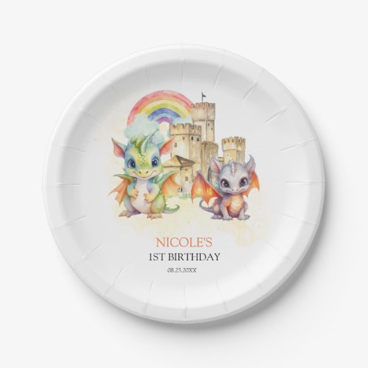 Fantasy Niedlich Dragon Castle Rainbow Kindergebur Pappteller (Vorderseite)