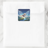 Fantasy Niedlich Flying Cat Wings Quadratischer Aufkleber (Tasche)