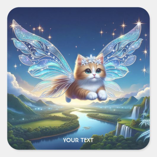 Fantasy Niedlich Flying Cat Wings Quadratischer Aufkleber (Vorderseite)