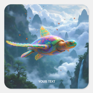 Fantasy Niedlich Flying Rainbow Turtle Quadratischer Aufkleber