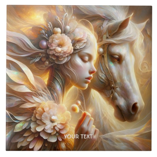 Fantasy Niedlich Girl and Horse Fliese (Vorderseite)