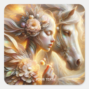 Fantasy Niedlich Girl and Horse Quadratischer Aufkleber