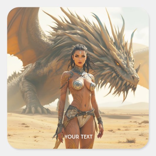 Fantasy Niedlich Girl Dragon Wüste Quadratischer Aufkleber (Vorderseite)