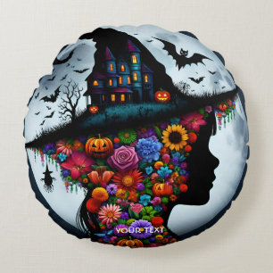 Fantasy Niedlich Girl Hexe Halloween Rundes Kissen