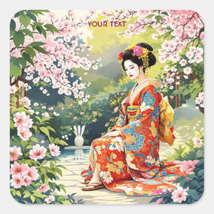 Fantasy Niedlich Girl Kimono Sakura Quadratischer Aufkleber