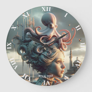 Fantasy Niedlich Girl Octopus Sea Große Wanduhr