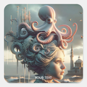Fantasy Niedlich Girl Octopus Sea Quadratischer Aufkleber