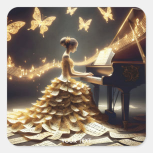 Fantasy Niedlich Girl Playing Piano Quadratischer Aufkleber