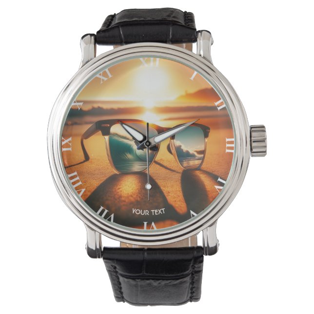 Fantasy Niedlich Glasses Sunset Beach Armbanduhr (Vorderseite)
