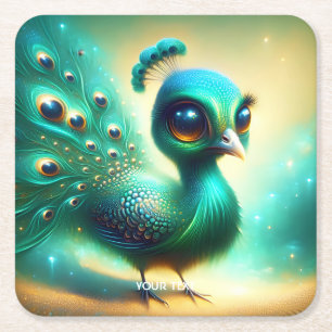 Fantasy Niedlich Green Baby Peacock Rechteckiger Pappuntersetzer