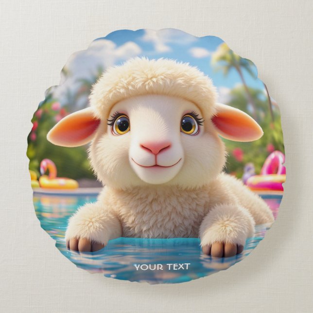 Fantasy Niedlich Happy Sheep Pool Rundes Kissen (Vorderseite)