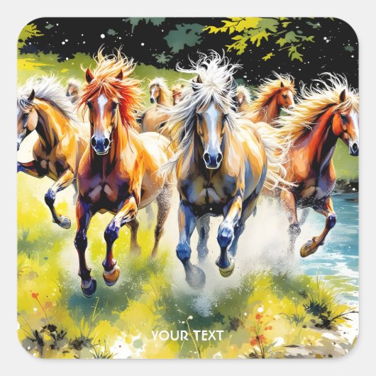 Fantasy Niedlich Herd Wilde Pferde Quadratischer Aufkleber (Vorderseite)