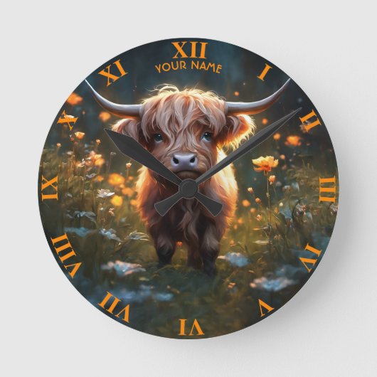 Fantasy Niedlich Highland Baby Cow Runde Wanduhr (Vorderseite)