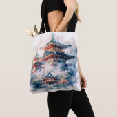 Fantasy Niedlich Japanischer Tempel Wasserfarbe Tasche (Von Nahem)