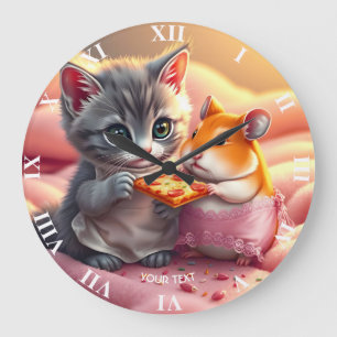 Fantasy Niedlich Kitten Hamster Pizza Große Wanduhr