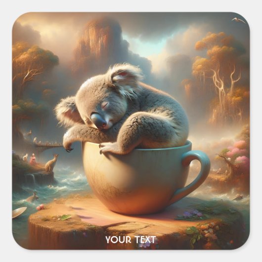 Fantasy Niedlich Koala Tea Cup Quadratischer Aufkleber (Vorderseite)