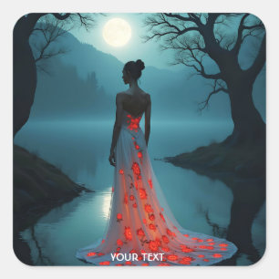 Fantasy Niedlich Lake Trees Moon Quadratischer Aufkleber