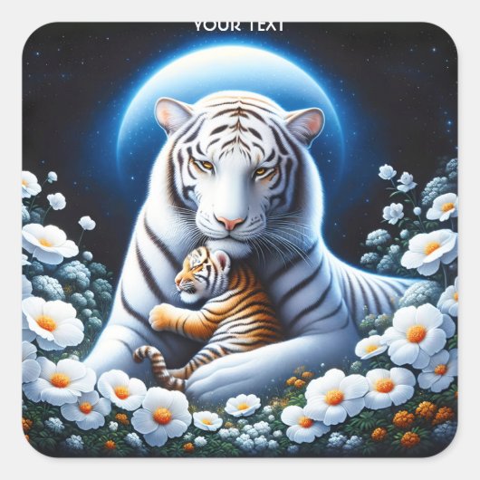 Fantasy Niedlich Mama Baby Tigers Quadratischer Aufkleber (Vorderseite)