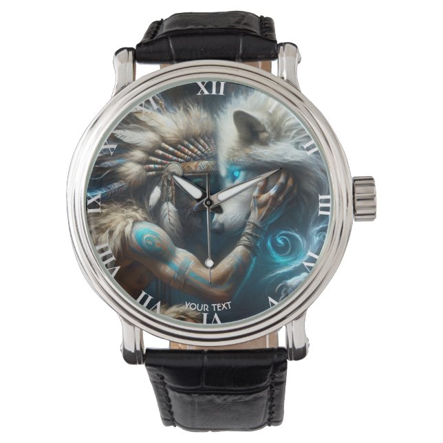 Fantasy Niedlich Man Hugging Wolf Armbanduhr (Vorderseite)