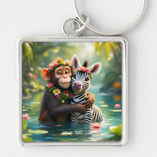 Fantasy Niedlich Monkey Zebra Hug Schlüsselanhänger (Vorne)