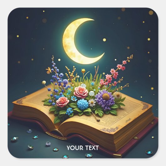 Fantasy Niedlich Moon Book Blume Quadratischer Aufkleber (Vorderseite)