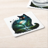 Fantasy Niedlich Moon Waterfall Cat Rechteckiger Pappuntersetzer (angewinkelt)