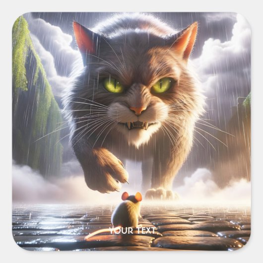 Fantasy Niedlich Mouse and Cat Quadratischer Aufkleber (Vorderseite)