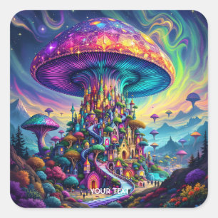 Fantasy Niedlich Mushroom Rainbow Skies Quadratischer Aufkleber