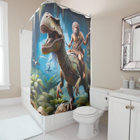 Fantasy Niedlich Neanderthal Riding Dinosaurier Duschvorhang (Beispiel)
