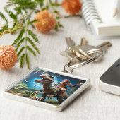 Fantasy Niedlich Neanderthal Riding Dinosaurier Schlüsselanhänger (Seite)