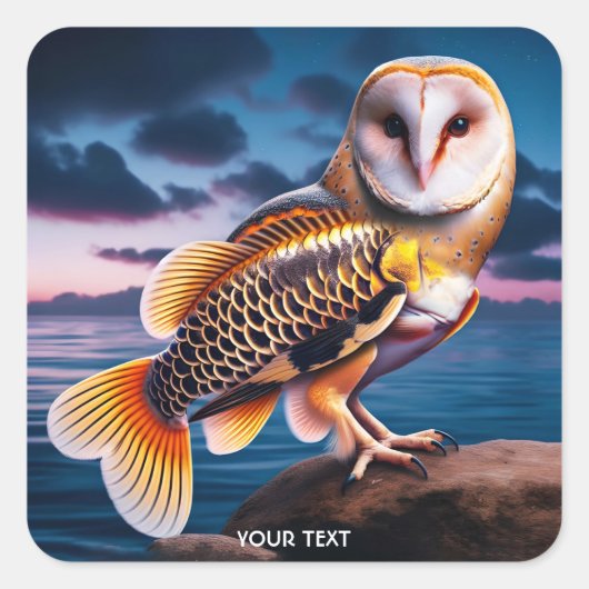 Fantasy Niedlich Owl Fish Sea Quadratischer Aufkleber (Vorderseite)