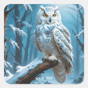 Fantasy Niedlich Owl Snow Tree Quadratischer Aufkleber