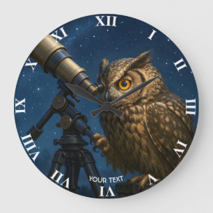 Fantasy Niedlich Owl Telescope Night Große Wanduhr