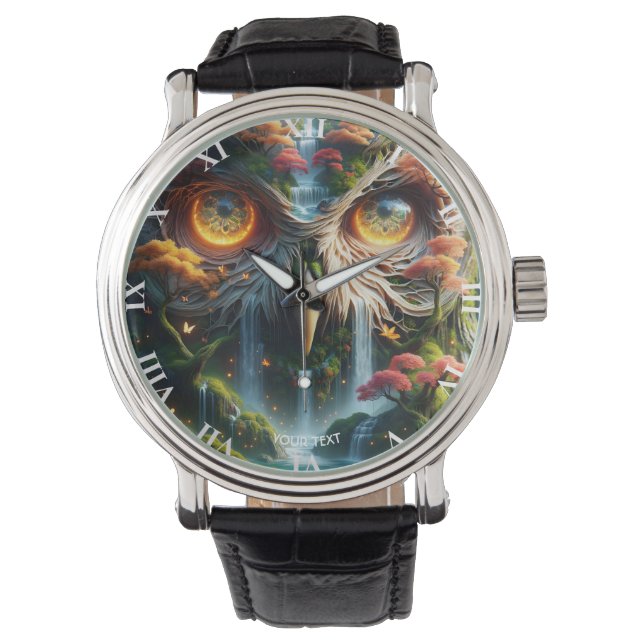 Fantasy Niedlich Owl Wasserfall Bäume Armbanduhr (Vorderseite)