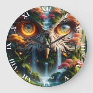 Fantasy Niedlich Owl Wasserfall Bäume Große Wanduhr