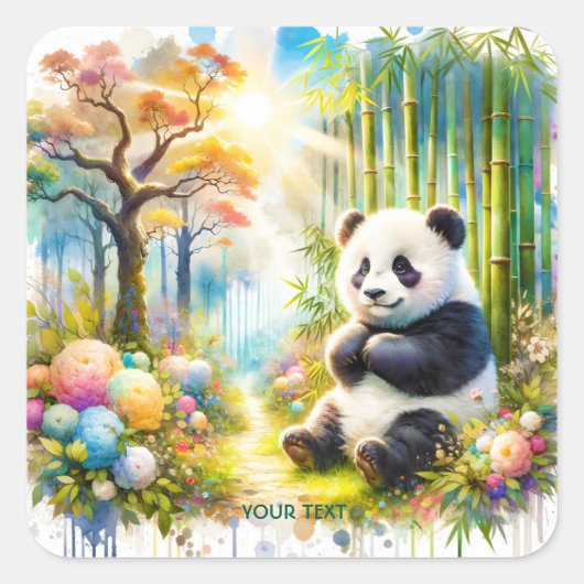 Fantasy Niedlich Panda Bamboo Forest Quadratischer Aufkleber (Vorderseite)