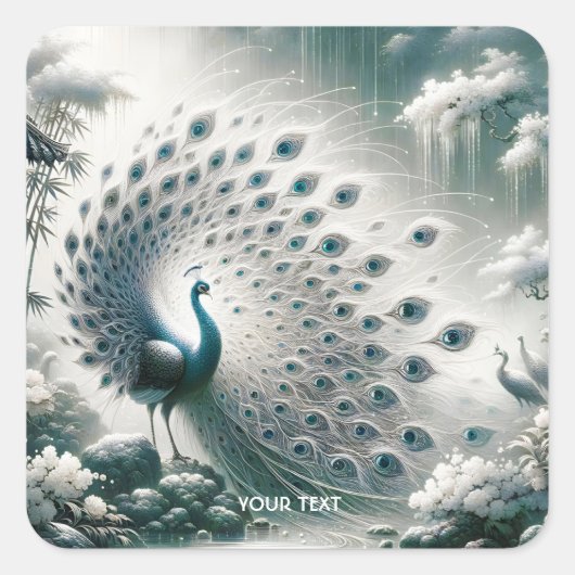 Fantasy Niedlich Peacock Rain Tree Quadratischer Aufkleber (Vorderseite)