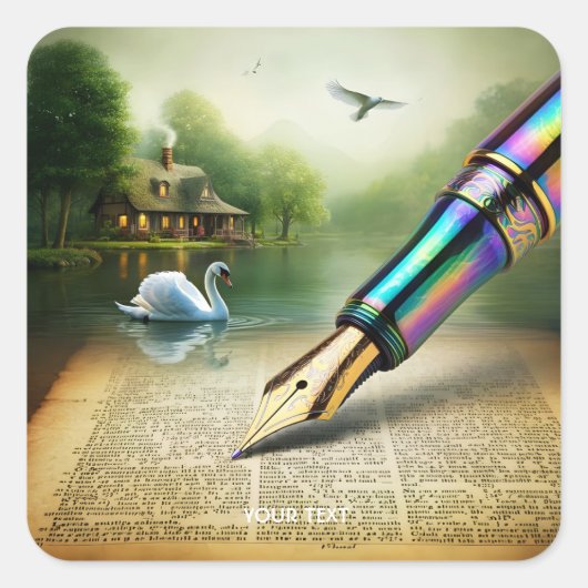 Fantasy Niedlich Pen Lake Swan Quadratischer Aufkleber (Vorderseite)