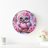 Fantasy Niedlich Pink Owl Sakura Große Wanduhr (Zuhause)