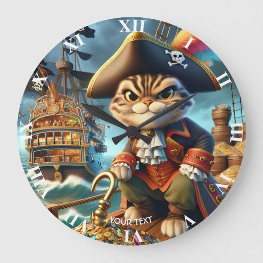Fantasy Niedlich Pirate Cat Ship Große Wanduhr (Vorderseite)