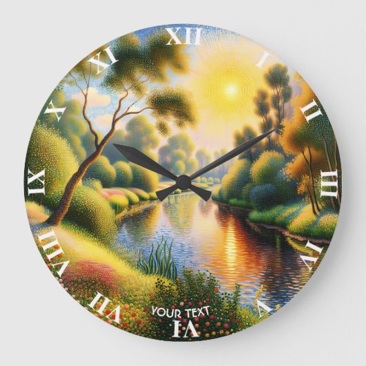 Fantasy Niedlich Pointillism Landscape River Große Wanduhr (Vorderseite)
