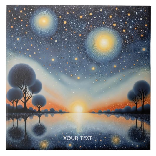 Fantasy Niedlich Pointillist Night Landschaft Fliese (Vorderseite)