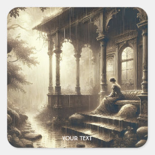 Fantasy Niedlich Rain Ruins Girl Quadratischer Aufkleber