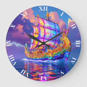 Fantasy Niedlich Rainbow Colors Ship Große Wanduhr