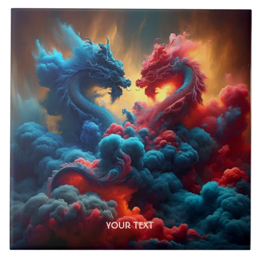 Fantasy Niedlich Red Blue Dragons Fliese (Vorderseite)