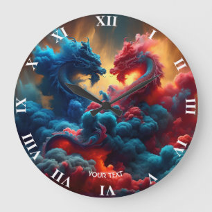 Fantasy Niedlich Red Blue Dragons Große Wanduhr