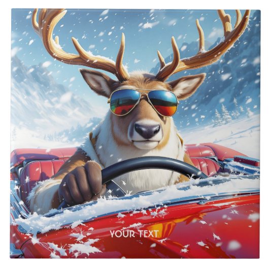 Fantasy Niedlich Rentier Car Winter Fliese (Vorderseite)
