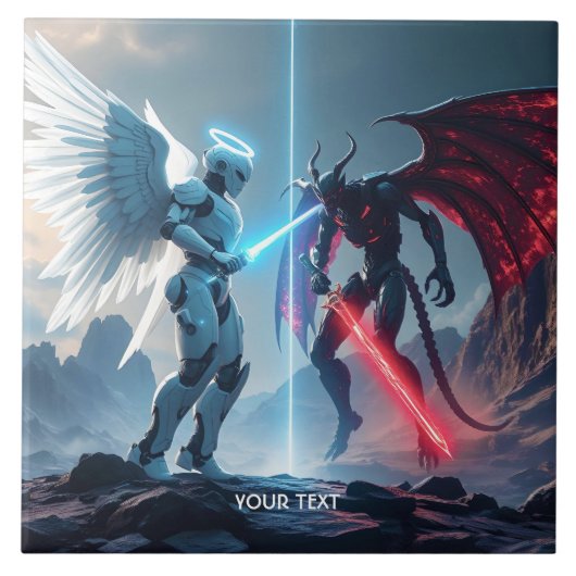 Fantasy Niedlich Robot Demon Fighting Fliese (Vorderseite)