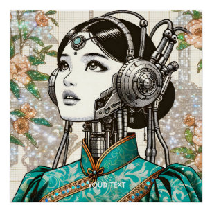Fantasy Niedlich Robot Girl Blume Poster